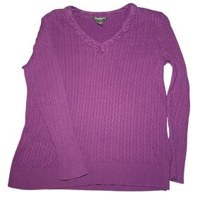 Eddie Bauer Cable Knit Sweater Womens XXL Purple Good Ruffle V-Neck Long Sleeve